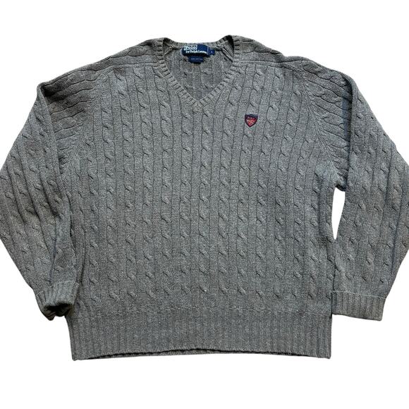 Polo Ralph Lauren Cable V Neck Sweater Taupe Gray Polo Crest Large Hong Kong*